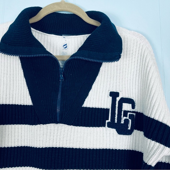 Lou & Grey Women Large Striped Polo Sweater Varsity Letter Half Zip Chunky Knit - Picture 2 of 6